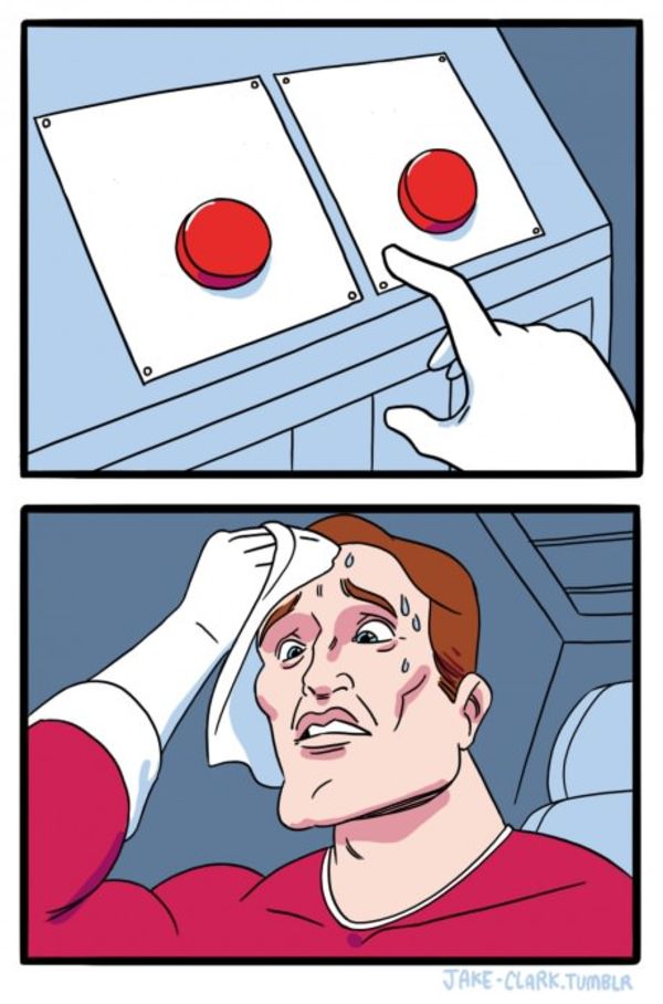 Two Buttons meme about Olive & Piper