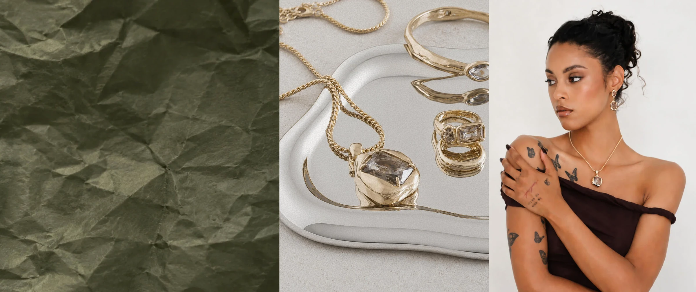 Organic Metals: sculptural gold jewelry on crumpled olive paper, beside a model wearing the earrings, cuff and rings