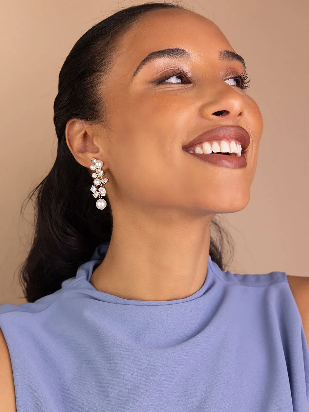 Olive & Piper Serena Drop Earrings, worn with a lilac top