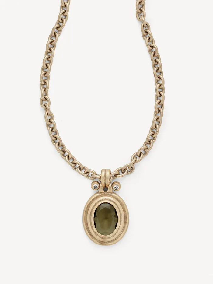 Yasmeen Necklace: an olive-toned stone pendant on a twisted gold chain