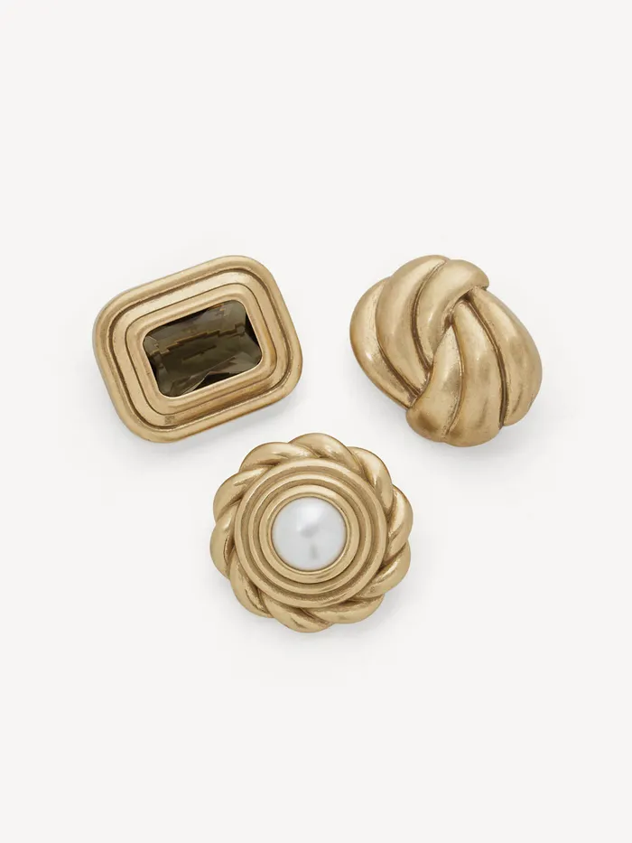 Shalom Brooches: three vintage-inspired gold brooches with pearl and olive-toned glass