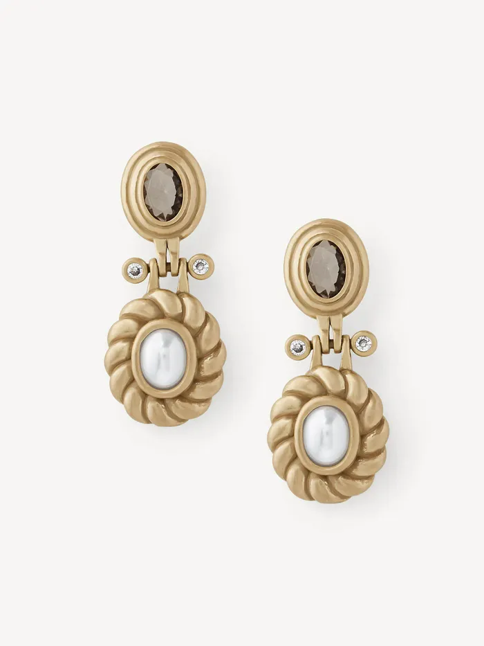 Linda Drops: smoky stone, pearls and rope-inspired gold detailing